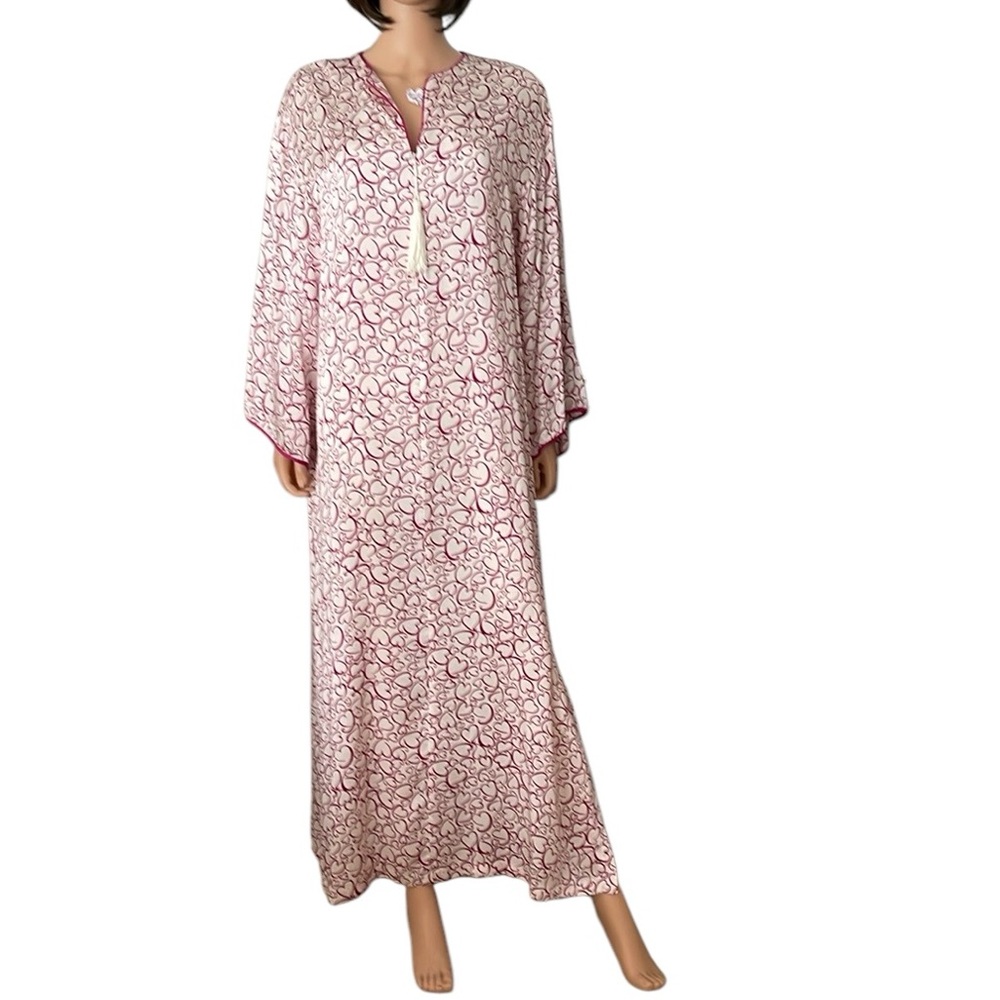 Lejaby Paris Neiman Marcus Quality Silk Magenta White Hearts Caftan Zipper Robe